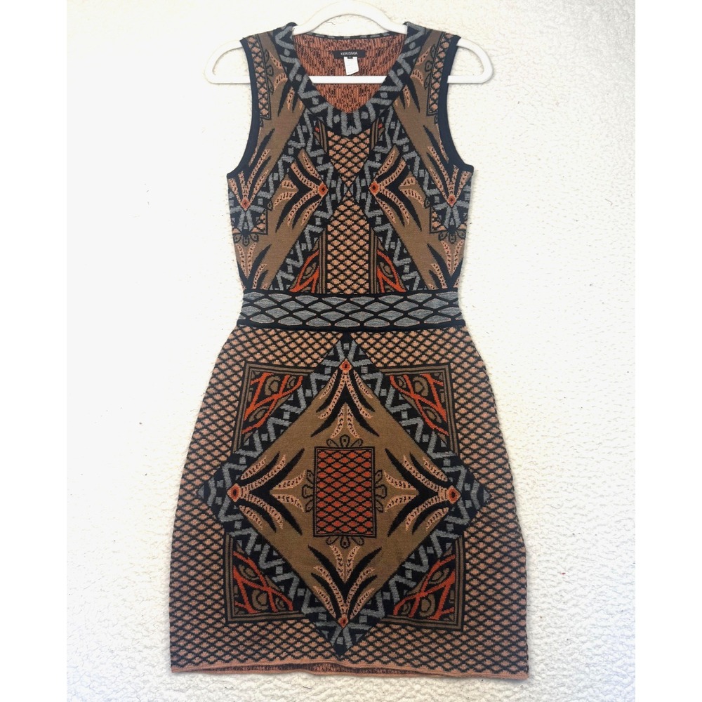 Kerisma Sweater Dress Womens Small‎ Brown Tribal Geometric Bodycon Sleeveless